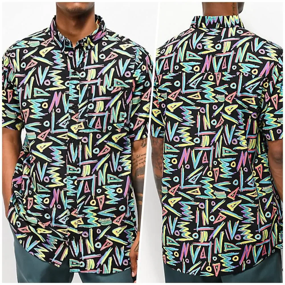 Empyre | Men | Neon Graffiti 90s Style Short Sleeve Button Down Shirt | Size XL
